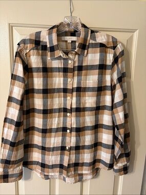 LOFT Tan Black White Plaid Button-Down Shirt